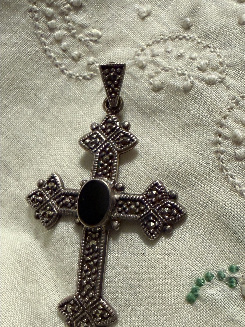 Sterling Silver black onyx and marcasite Cross Pendant Necklace 40+years old